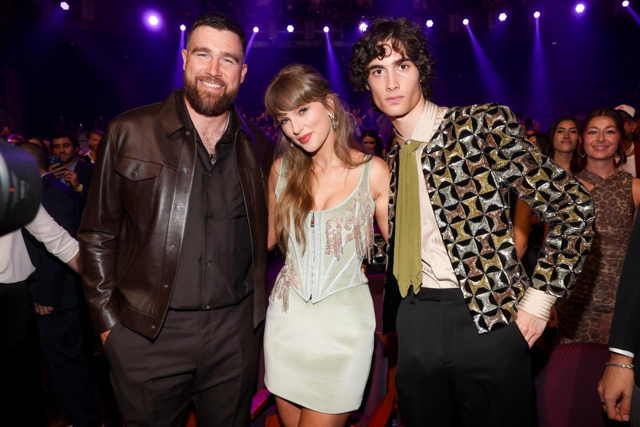 Travis Kelce, Taylor Swift and Sombr at the 2026 iHeartRadio Music Awards held at Dolby Theatre on March 26, 2026 in Los Angeles, California. (Photo by Christopher Polk/Billboard via Getty Images)