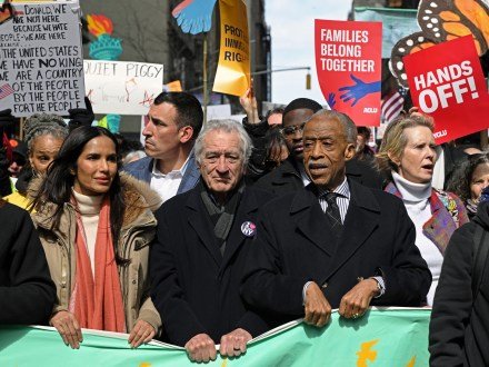 NEW YORK, NY - MARCH 28: Padma Lakshmi, Robert DeNiro and Rev. Al Sharpton are seen at the “No Kings” March on March 28, 2026 in New York City. (Photo by Andrea Renault/Star Max/GC Images) *** Local Caption***Padma Lakshmi;Robert DeNiro;Rev. Al Sharpton