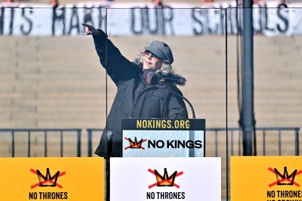 MINNEAPOLIS, MINNESOTA - MARCH 28: Jane Fonda speaks during the "No Kings" Rally Concert at the Minnesota State Capitol on March 28, 2026 in Minneapolis, Minnesota. (Photo by Astrida Valigorsky/Getty Images)