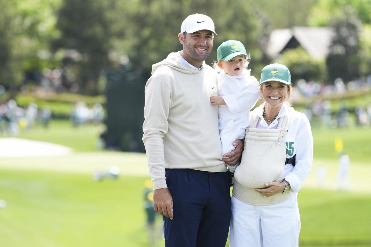 AUGUSTA, GEORGIA - APRIL 08: Scottie Scheffler with his wife, Meredith and children at the Par Three Contest, prior to Masters Tournament at Augusta National Golf Club on April 8, 2026 in Augusta, Georgia. (Photo by Ben Jared/PGA TOUR via Getty Images)