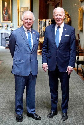 King Charles III and US President Joe Biden in the Grand Corridor at Windsor Castle, Berkshire, during President Biden's visit to the UK. King Charles III meets with US President Joe Biden, Windsor Castle, UK - 10 Jul 2023